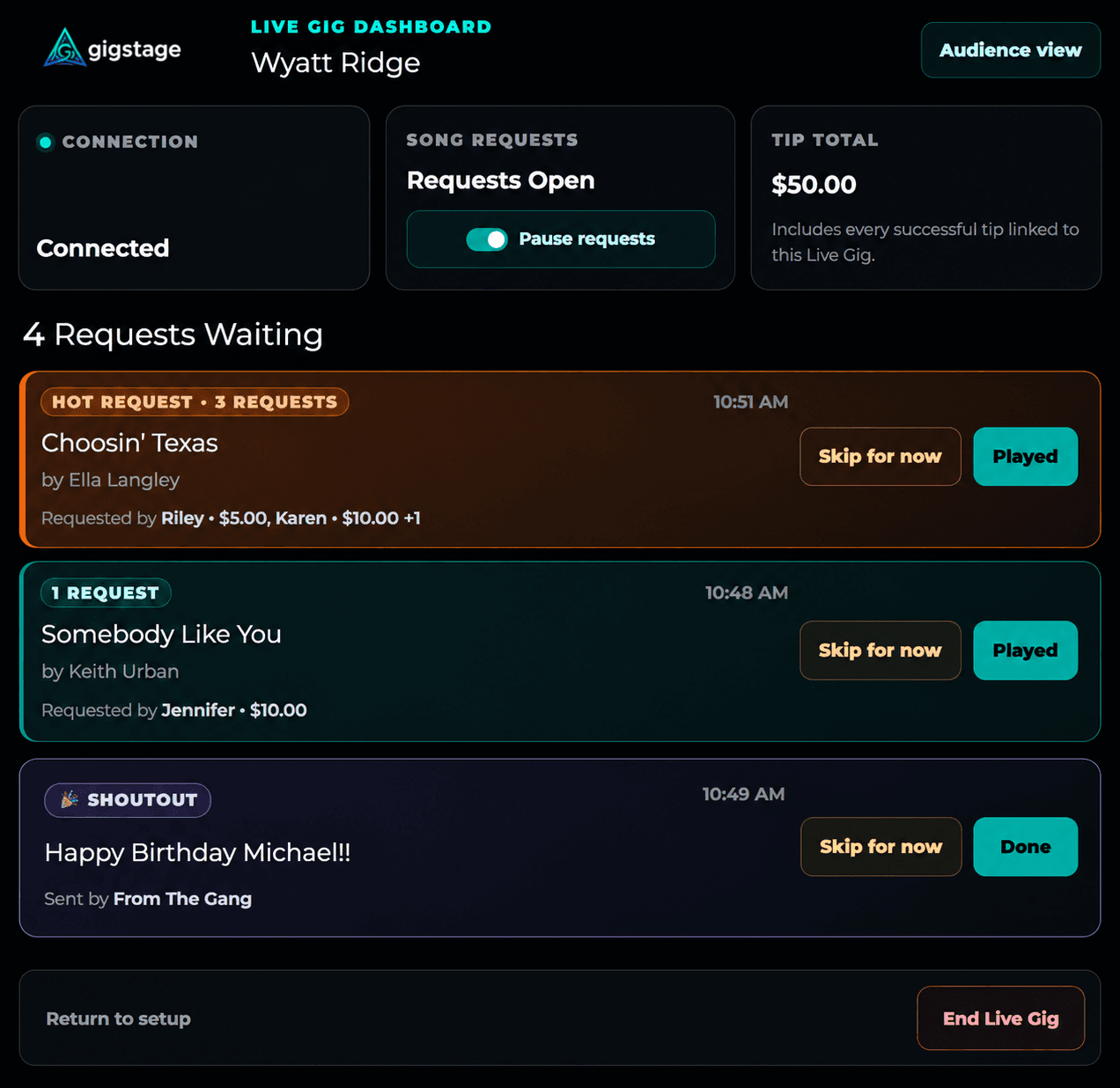 GigStage Live Gig Dashboard showing grouped song requests, a shoutout, performance controls, and the current tip total