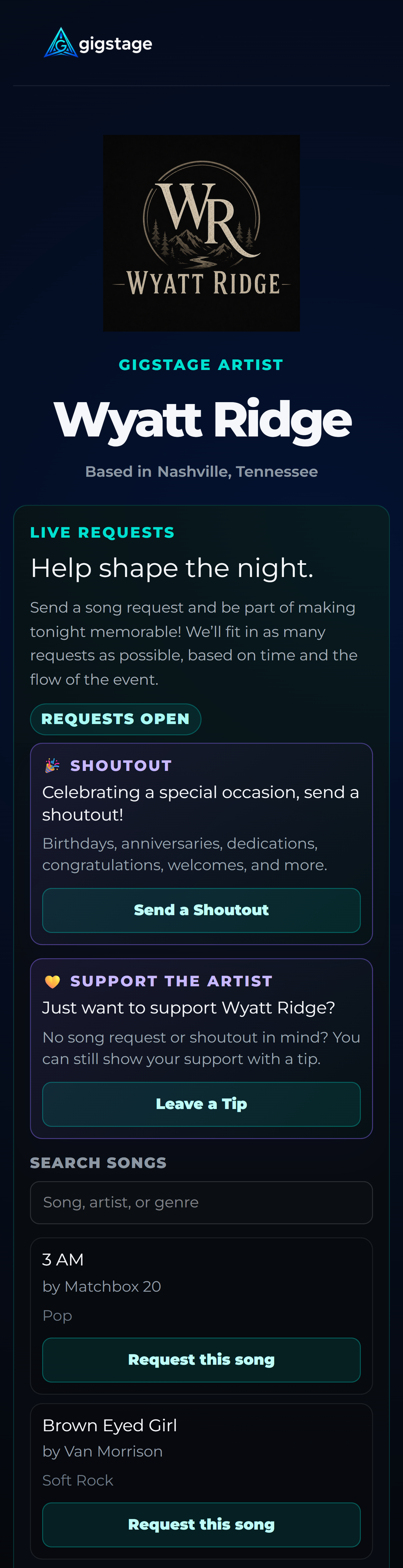 Wyatt Ridge audience page showing live song requests, shoutouts, artist tipping, song search, and requestable songs